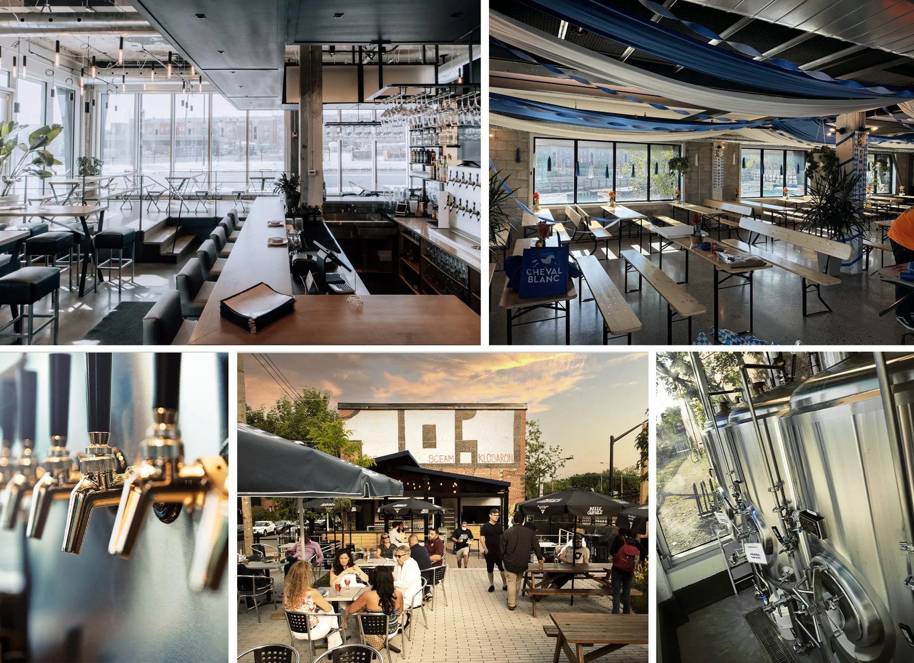 Aux Quartiers Belle Gueule: the bar, the beer hall with long benches, the taps, the terrace at sunset and the brewing tanks.