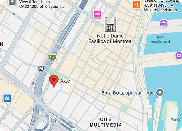 Map showing Ax.c at 800 rue du Square-Victoria, between Notre-Dame Basilica and Cité Multimédia.